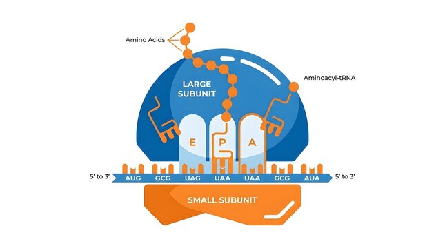 A detailed illustration of a ribosome translating mRNA into a protein chain with amino acids and tRNA.