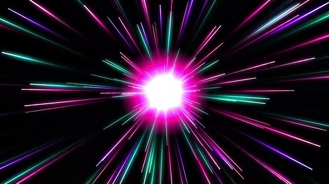 Abstract neon light trails exploding from center with motion blur for tech background