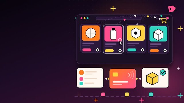 Custom product bundle selection and e commerce checkout flow with secure payment and parcel delivery in looping animation