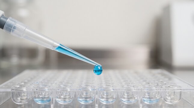 Macro view of laboratory micropipette tip dispensing single blue reagent liquid drop above clear 96 well microplate for biotechnology genomics pharmaceutical testing and chemical analysis