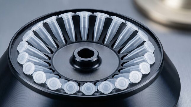 Close up of open precision laboratory centrifuge rotor with unbranded microcentrifuge tubes in anodized aluminum wheel for medical sample separation biochemistry and scientific research