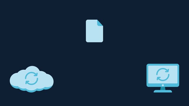 Cloud sync and file transfer animation showing data backup and synchronization between a cloud storage icon and a computer desktop monitor.