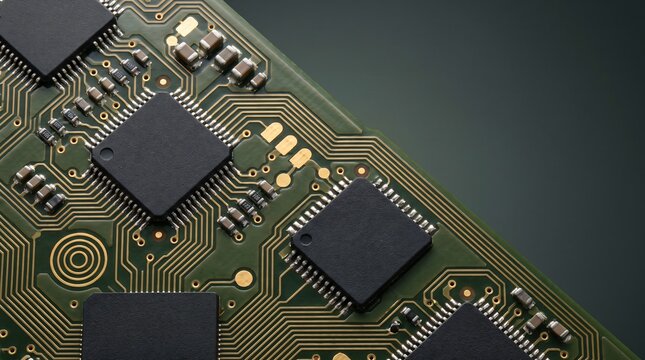 Macro close up of multilayer green printed circuit board PCB with gold plated copper traces and surface mount electronics components for hardware engineering and semiconductor technology