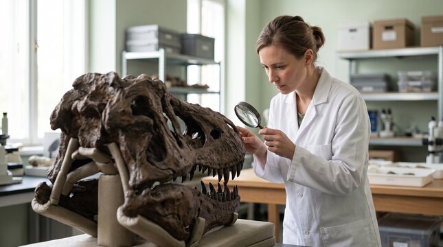 Female paleontologist inspecting fossilized Tyrannosaurus rex skull with magnifying glass in paleontology research laboratory