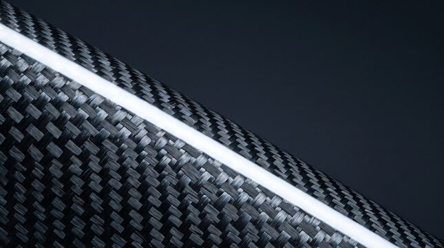 Macro close up of glossy 2x2 twill weave carbon fiber composite plate with clean white studio tubular light reflection for aerospace engineering motorsport components and automotive tech