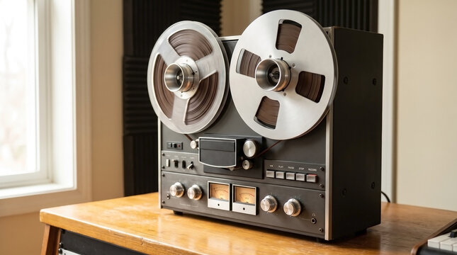 Classic old reel to reel tape deck displayed on wooden surface, featuring retro design with large reels and vintage controls.