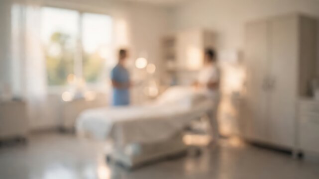 Medical clinic blurred background photo with healthcare professionals and examination table for hospital interior design and professional healthcare service concept with copy space
