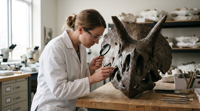 Female paleontologist using magnifying glass and pick tool to examine Triceratops fossil skull in university research workshop