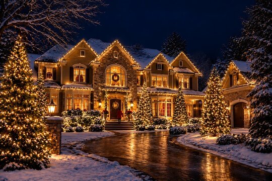 Large victorian house illuminated with festive lights during a snowy winter night