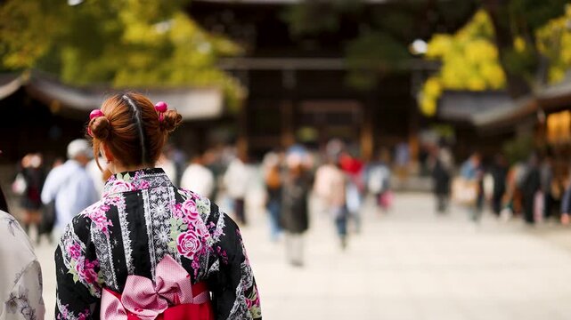 Japanese Woman in Traditional Kimono at Meiji Jingu Shrine Tokyo