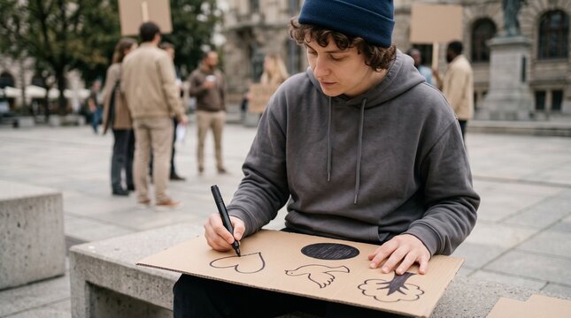 Young person drawing peace symbols including dove and heart on cardboard sign sitting outdoors at public activism demonstration
