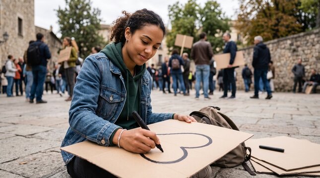 Young woman sitting on cobblestone plaza drawing heart symbol on cardboard protest sign during peaceful community rally