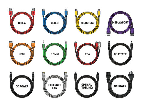 Assorted computer cables and connectors illustration