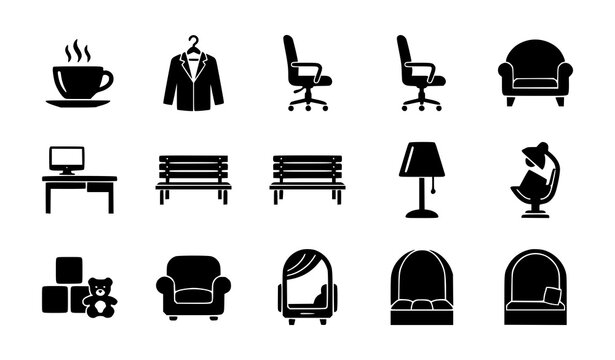 Cafe Checkroom Office Furniture and Interior Solid Black Vector Icon Set