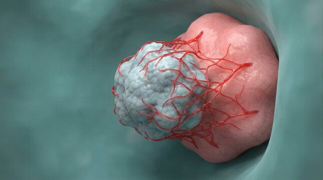 Tumor lump protruding from intestinal lumen wall