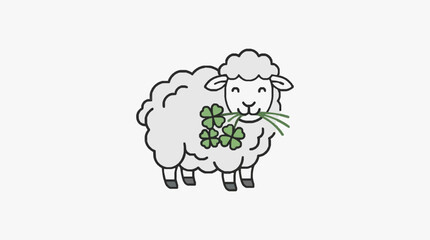 Obraz premium Corporate of a White Sheep Holding Green Four Leaf Clover Symbols for Luck and Success with high quality professional line art symbols for modern creative design and digital branding projects