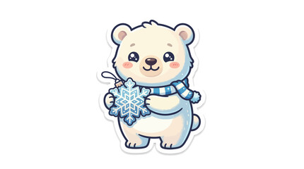 Obraz premium Cute Kawaii Polar Bear Sticker Wearing Blue Scarf and Holding Snowflake