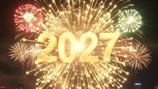 Countdown 3 2 1 happy new year 2027 golden fireworks animation
