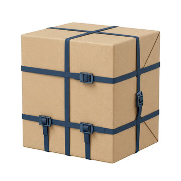 Brown cardboard parcel box strapped with blue security belts 3d.