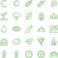 Fototapeta premium Set of twenty-five green line icons representing nature, weather, and environmental on a clean white background