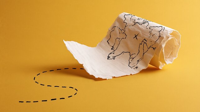 Old crumpled hand drawn treasure map with dashed path leading to marked X location on solid yellow background, adventure and exploration concept