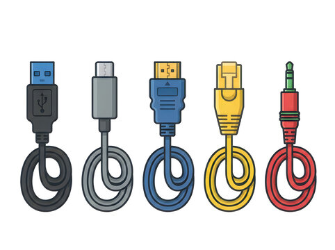 Assorted usb and audio cable connectors illustration
