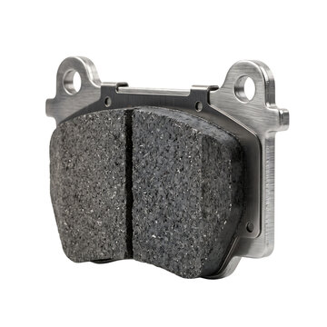 Black brake pad with metal clips isolated on transparent background