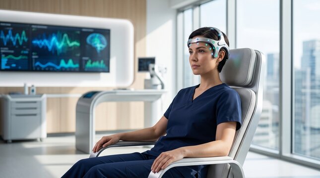 Female medical practitioner wearing advanced neural interface headset representing brain wave monitoring, neuroscience laboratory, and futuristic healthcare technology