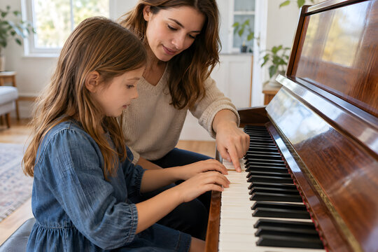 Piano teacher guides young girl during a private music lesson at home