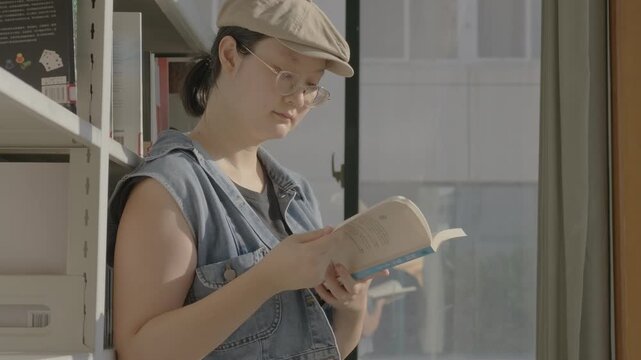 A young woman wearing a beret and glasses reads a book quietly indoors near a bookshelf and window.