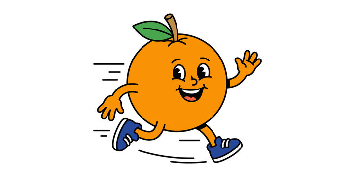 Cartoon orange character running fast with blue sneakers bright citrus mascot for healthy eating and sports.