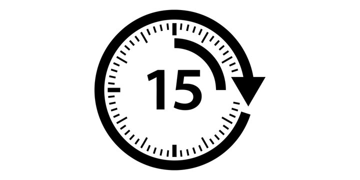 Time interval icon showing fifteen minute duration on circular gauge with arrow for countdown and work tasks.