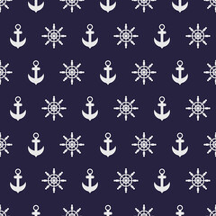Seamless nautical pattern with ship wheel and anchor on background. © Vitchapon