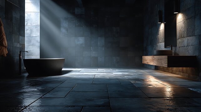Modern dark stone bathroom with soaking tub and vanity. dramatic light rays