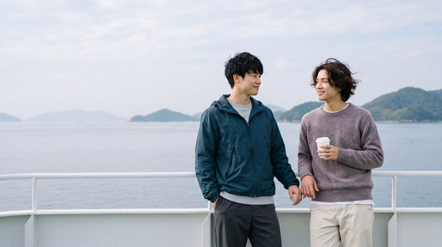 フェリーのデッキで海風を感じながら談笑する男性達 | 広がる青い海