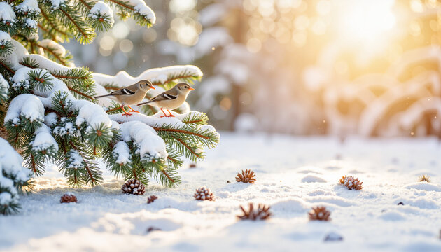 Birds gathering on snowy branch in winter solstice morning, nature's beauty