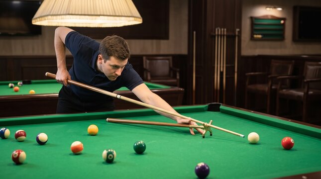 Male pool player using bridge stick for long distance shot on green felt billiard table depicting strategic game planning, precision aiming, and snooker tournament skill