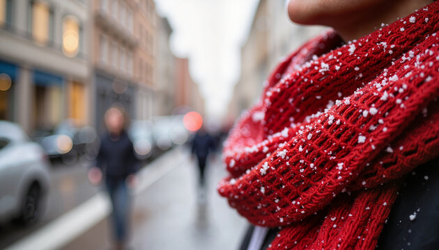 Snowflakes on red scarf in city street during winter solstice morning, holiday warmth