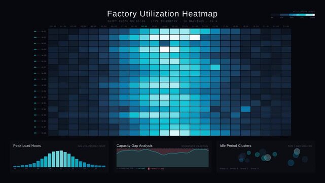 Factory utilization heatmap animation showing machine load, idle periods, and capacity gaps with live data visualization on a dark industrial dashboard background.