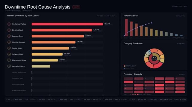 A dynamic Downtime Root Cause Dashboard visualizing equipment failures and operational interruptions with ranked bar charts and analytical panels in a sleek dark design.