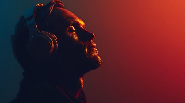 Man wearing headphones. eyes closed. immersed in music with dramatic red and blue lighting