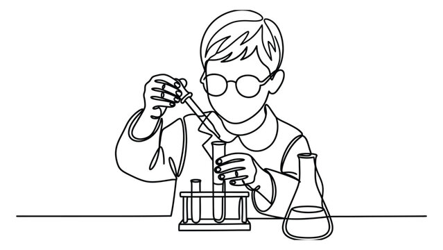 Continuous one line drawing of a young scientist boy doing chemistry experiments.