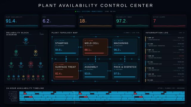 Explore the Plant Availability Control Center with detailed KPI tiles, a dynamic topology map, and operational interruption logs for enhanced equipment reliability and uptime monitoring.