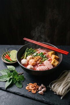 Thai pink noodle soup yen ta fo with seafood in black bowl on dark background