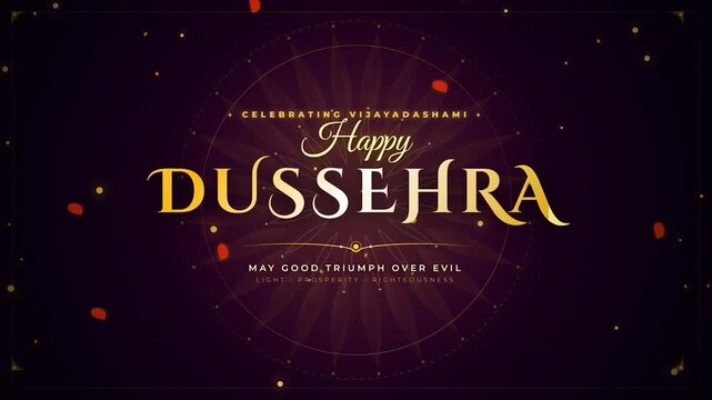 Happy dussehra vijayadashami indian festival greeting luxury golden typography elegant dark purple background glowing particles festive celebration backdrop