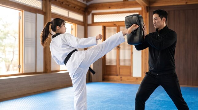 Female taekwondo practitioner executing high roundhouse kick onto target pad held by instructor in dojang depicting martial arts training, discipline, and self defense practice