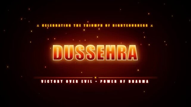 Happy dussehra festival religious celebration cinematic glowing golden typography fire sparks light particles motion background for indian spiritual event content