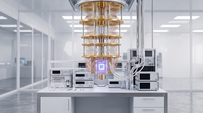 Intricate golden quantum computer chandelier processor unit with glowing core in research laboratory depicting supercomputing hardware, quantum technology, and advanced scientific innovation