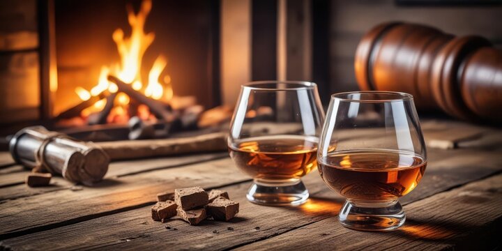 Whiskey glasses filled with cognac rest on a worn wooden table, surrounded by the remnants of a cozy evening , luxurious atmosphere, aged wood