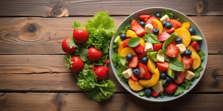 Fresh fruit and vegetable salad on a wooden table , wood, vegetables